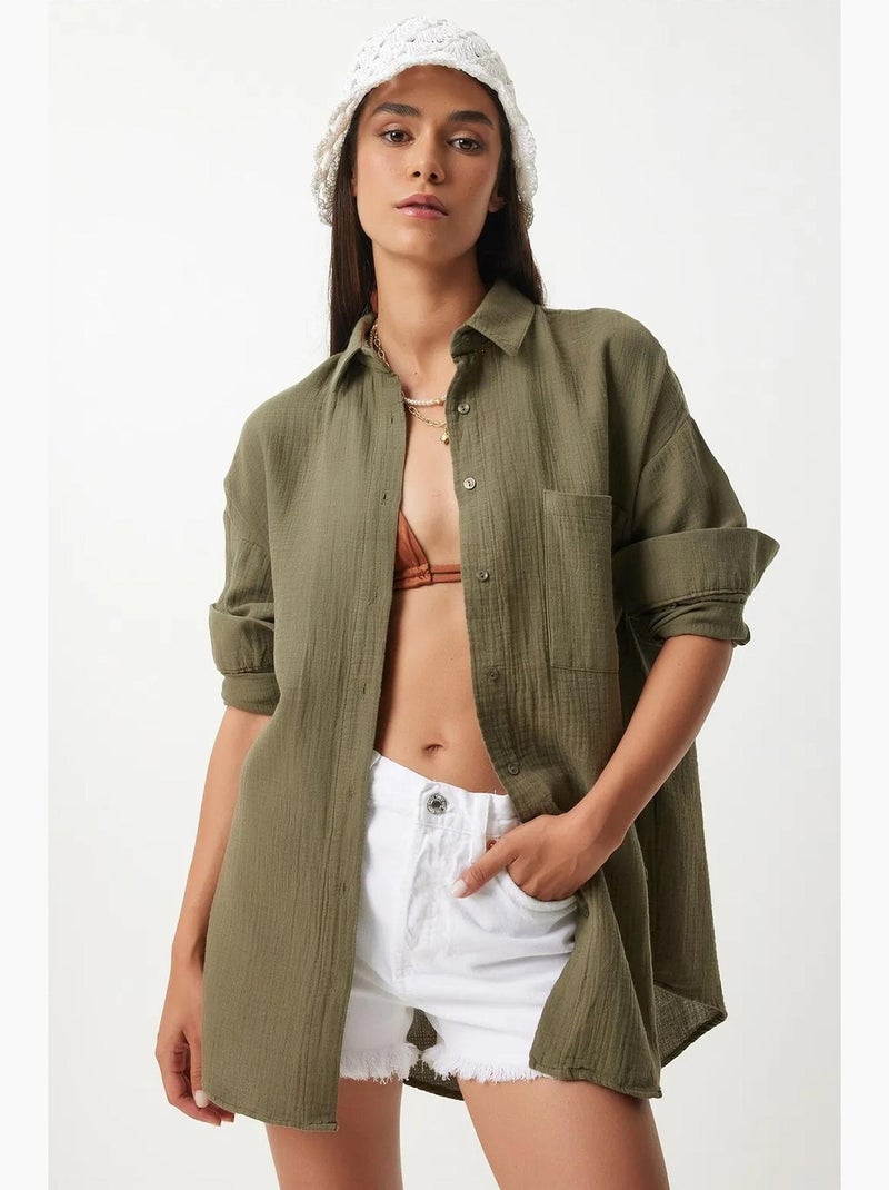 Camisa oversize de algodón texturizado con bolsillo istanbul Verde caqui - Kiabi