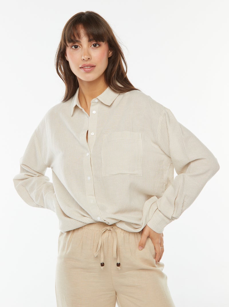 Camisa oversize de lino a rayas Beige - Kiabi