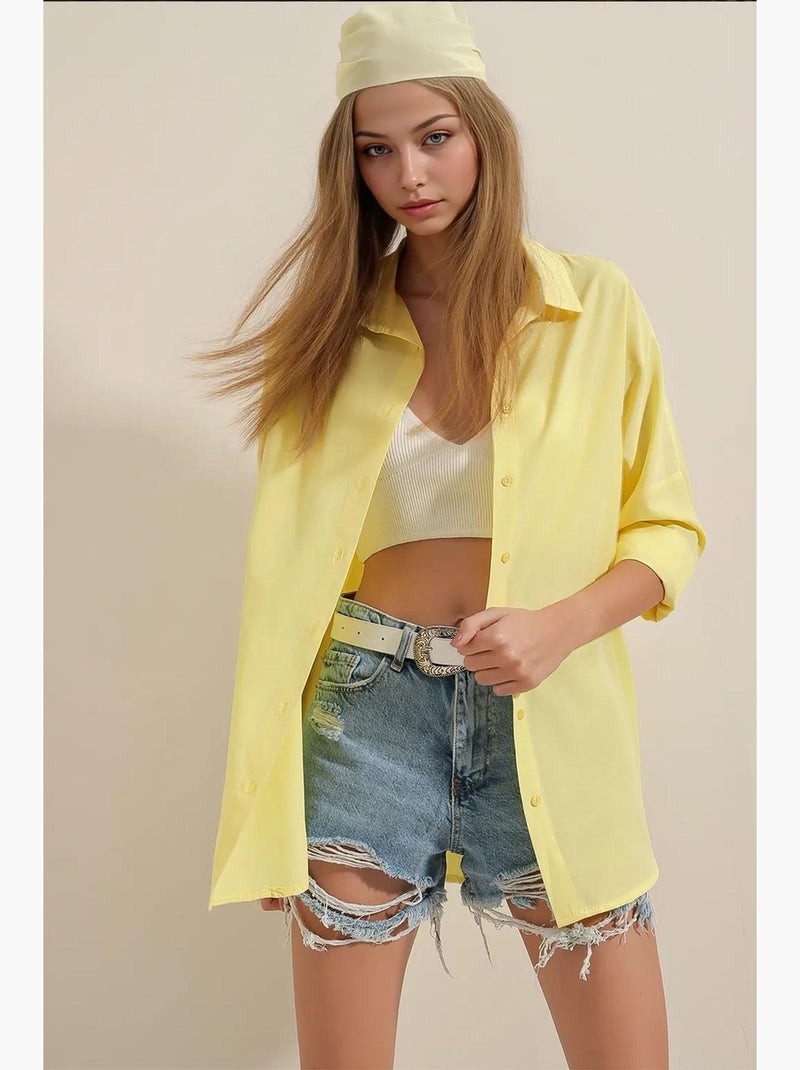 Camisa oversize de popelina con estampado y botones bdart Amarillo limón - Kiabi