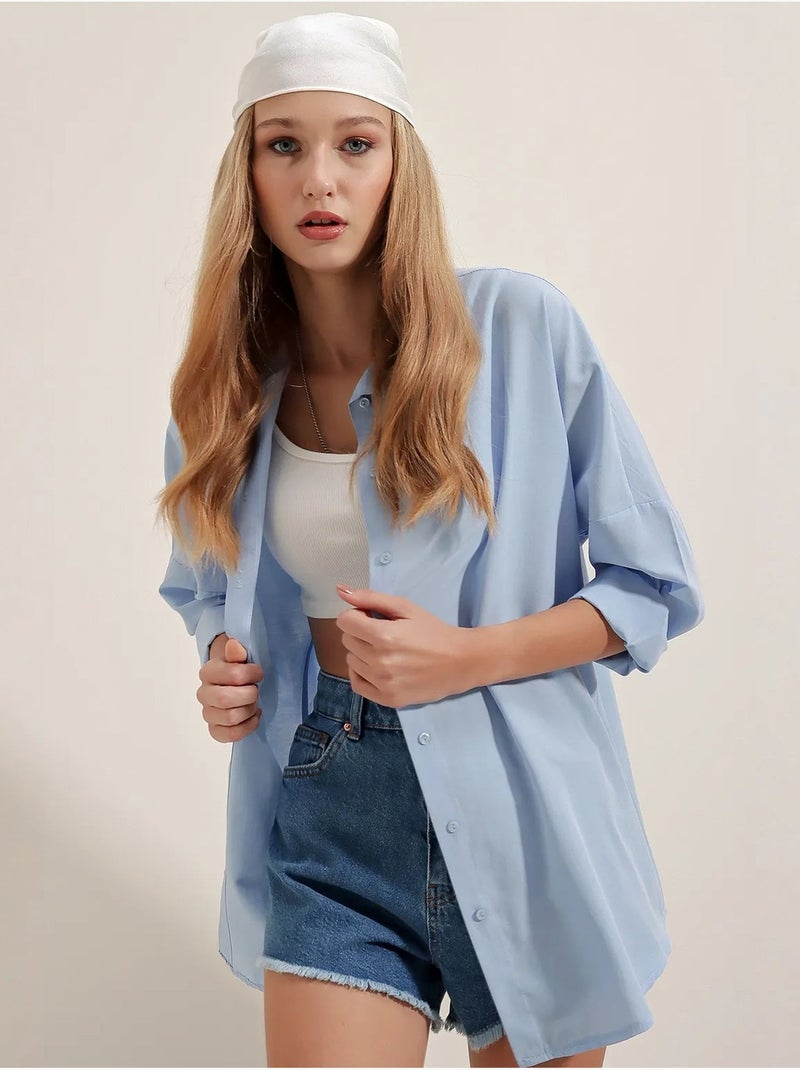 Camisa oversize de popelina con estampado y botones bdart Azul claro - Kiabi