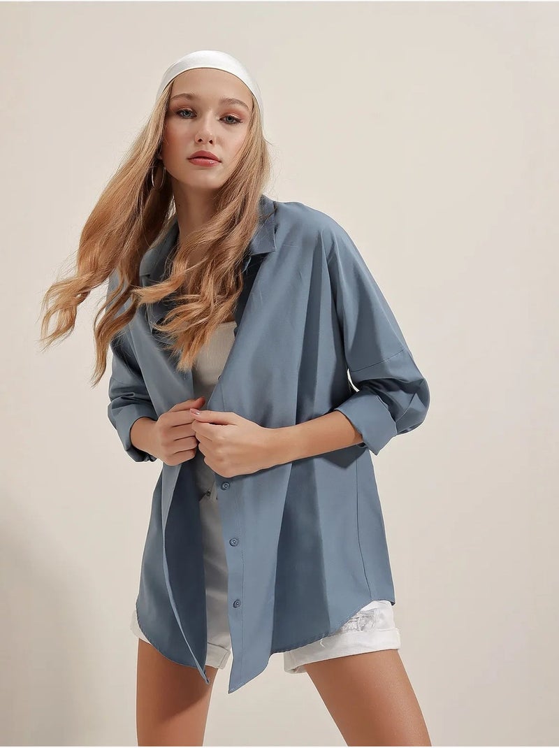 Camisa oversize de popelina con estampado y botones bdart Azul zafiro - Kiabi