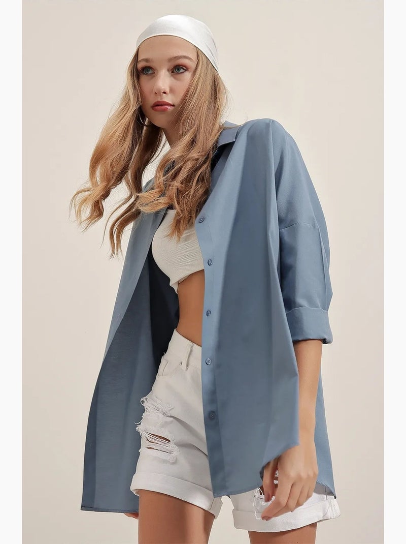 Camisa oversize de popelina con estampado y botones bdart Azul zafiro - Kiabi