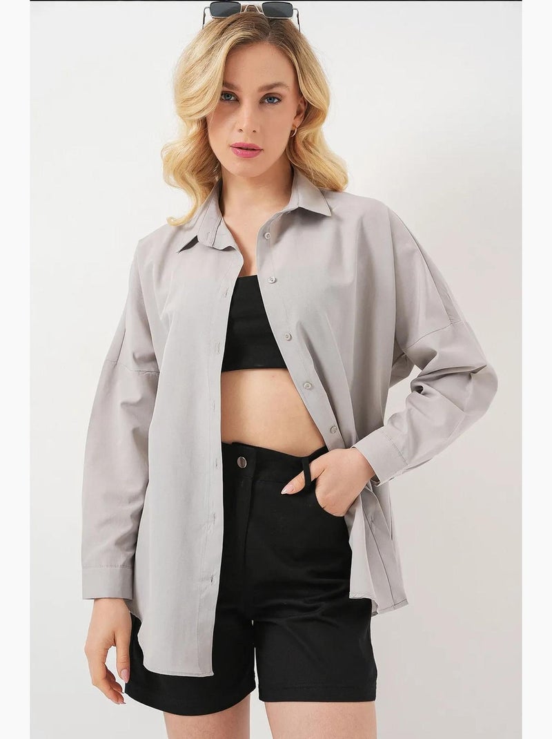 Camisa oversize de popelina con estampado y botones bdart Gris claro - Kiabi