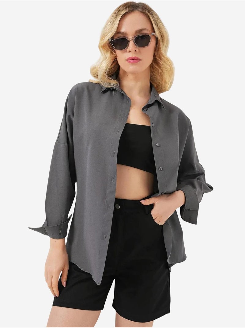 Camisa oversize de popelina con estampado y botones bdart Gris negro - Kiabi