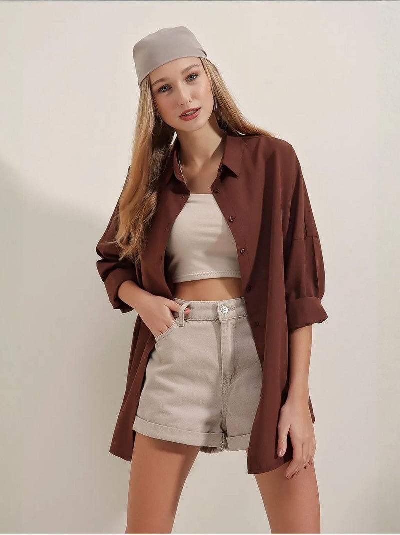 Camisa oversize de popelina con estampado y botones bdart Marrón - Kiabi