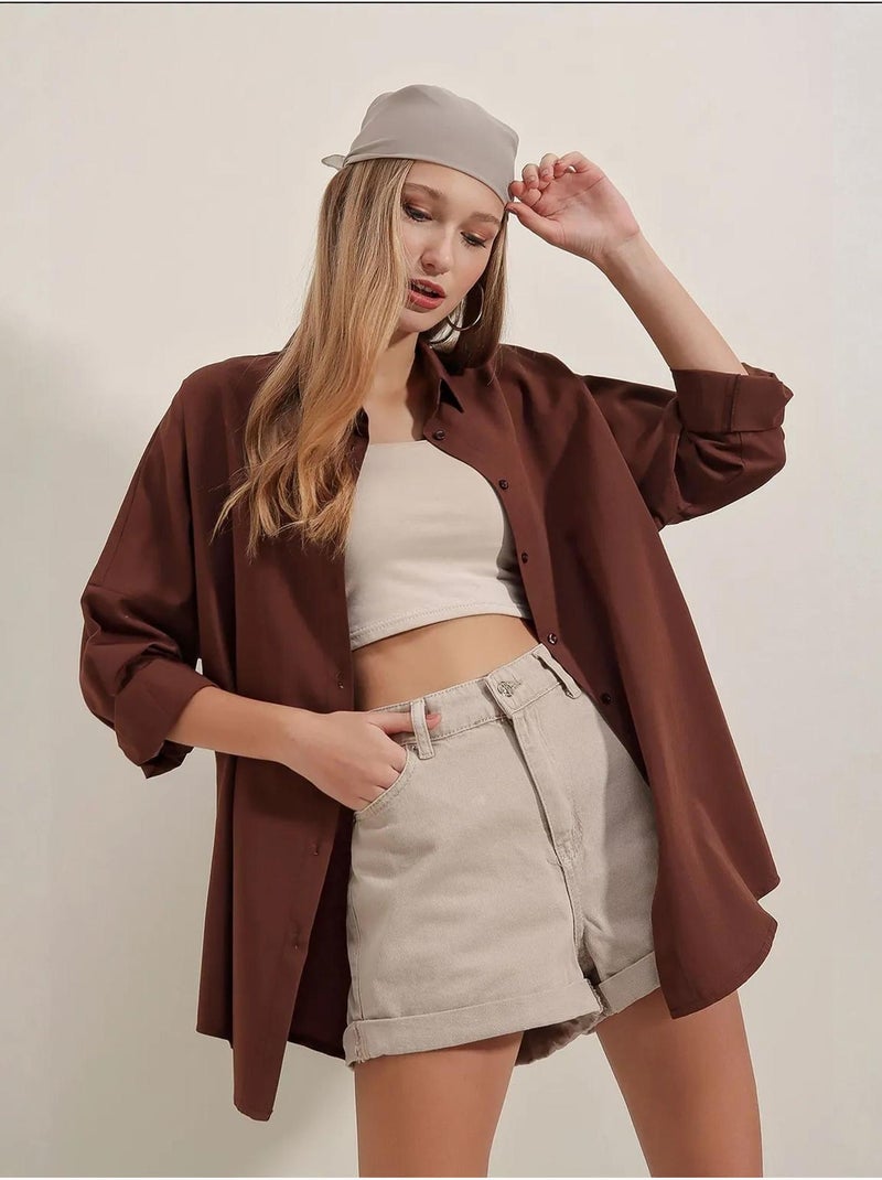 Camisa oversize de popelina con estampado y botones bdart Marrón - Kiabi