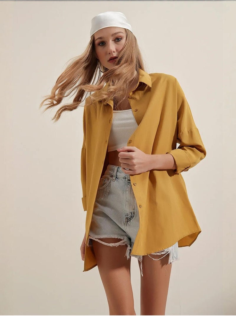 Camisa oversize de popelina con estampado y botones bdart Mostaza - Kiabi