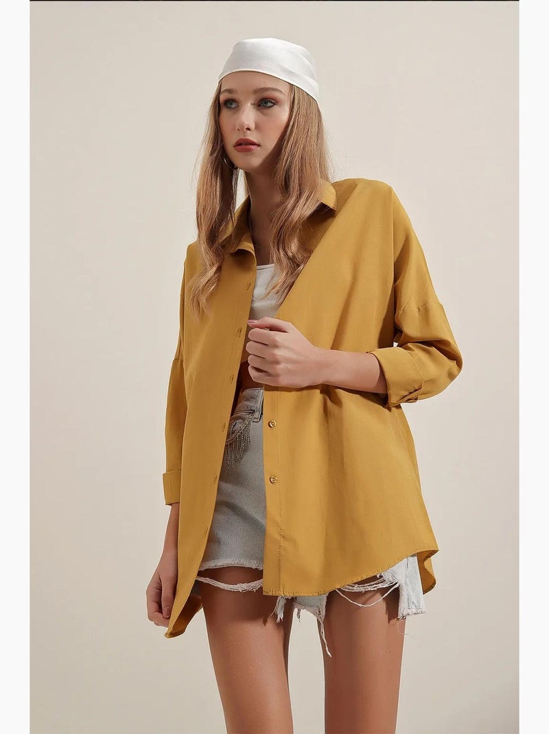 Camisa oversize de popelina con estampado y botones bdart Mostaza - Kiabi