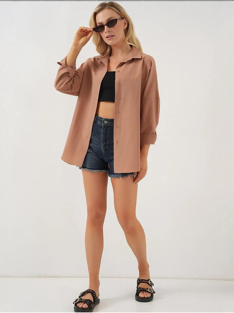 Camisa oversize de popelina con estampado y botones bdart Taupe - Kiabi