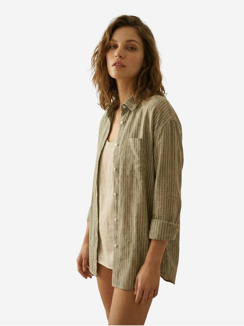 Camisa oversize de popelina de algodón a rayas de manga larga my fashion Caqui - Kiabi