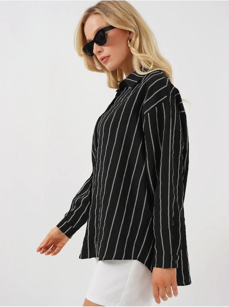 Camisa oversize texturizada de rayas con cierre de botones bdart Negro - Kiabi