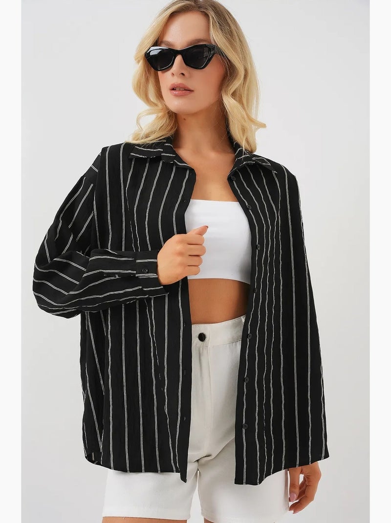 Camisa oversize texturizada de rayas con cierre de botones bdart Negro - Kiabi