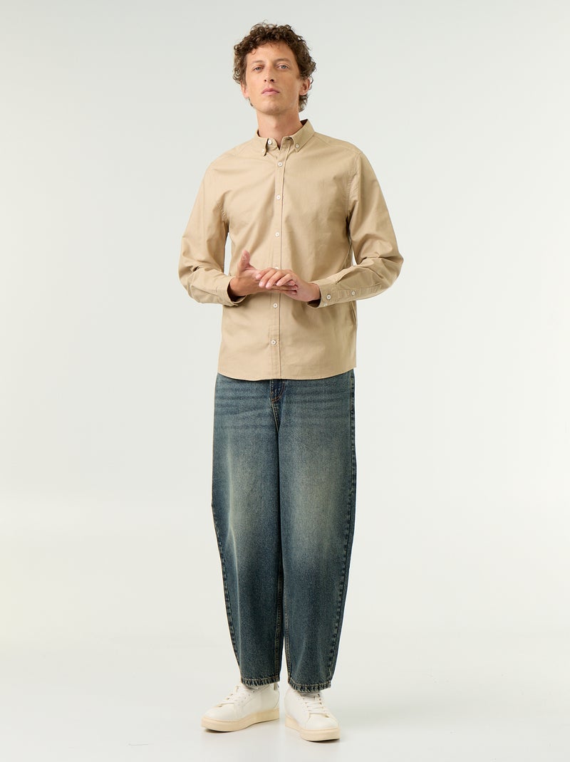 Camisa oxford con abertura abotonada Beige - Kiabi