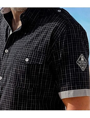 Camisa piloto de manga corta de popelín a cuadros con cuello de puntas libres