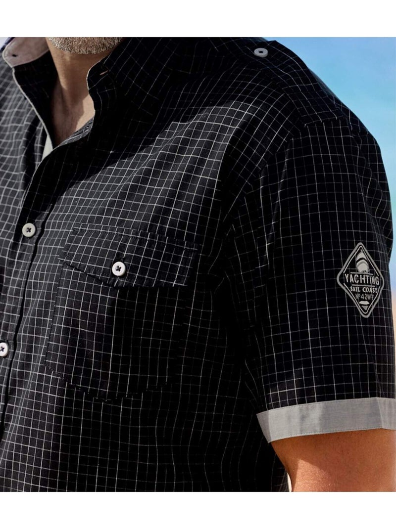 Camisa piloto de manga corta de popelín a cuadros con cuello de puntas libres Negro - Kiabi