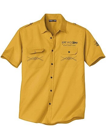 Camisa de manga corta de popelín flameado con cuello de puntas libres