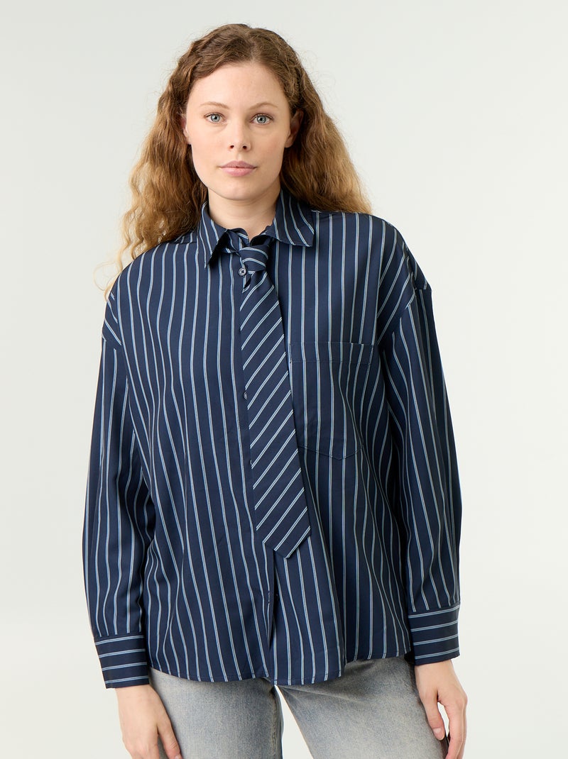 Camisa rayada con bolsillo en el pecho + corbata a juego - 2 piezas Azul - Kiabi