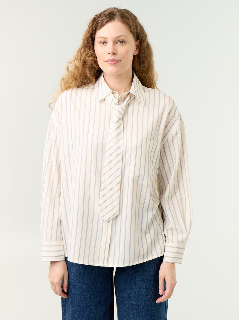 Camisa rayada con bolsillo en el pecho + corbata a juego - 2 piezas Beige - Kiabi