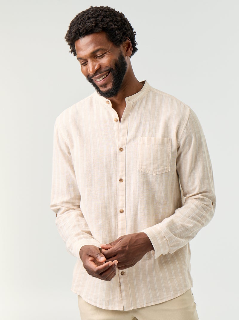 Camisa rayada de manga larga enrollable Beige - Kiabi