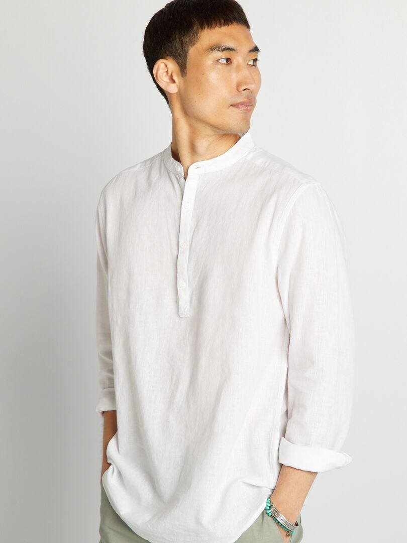 Camisa recta con cuello mao de mezcla de lino blanco - Kiabi