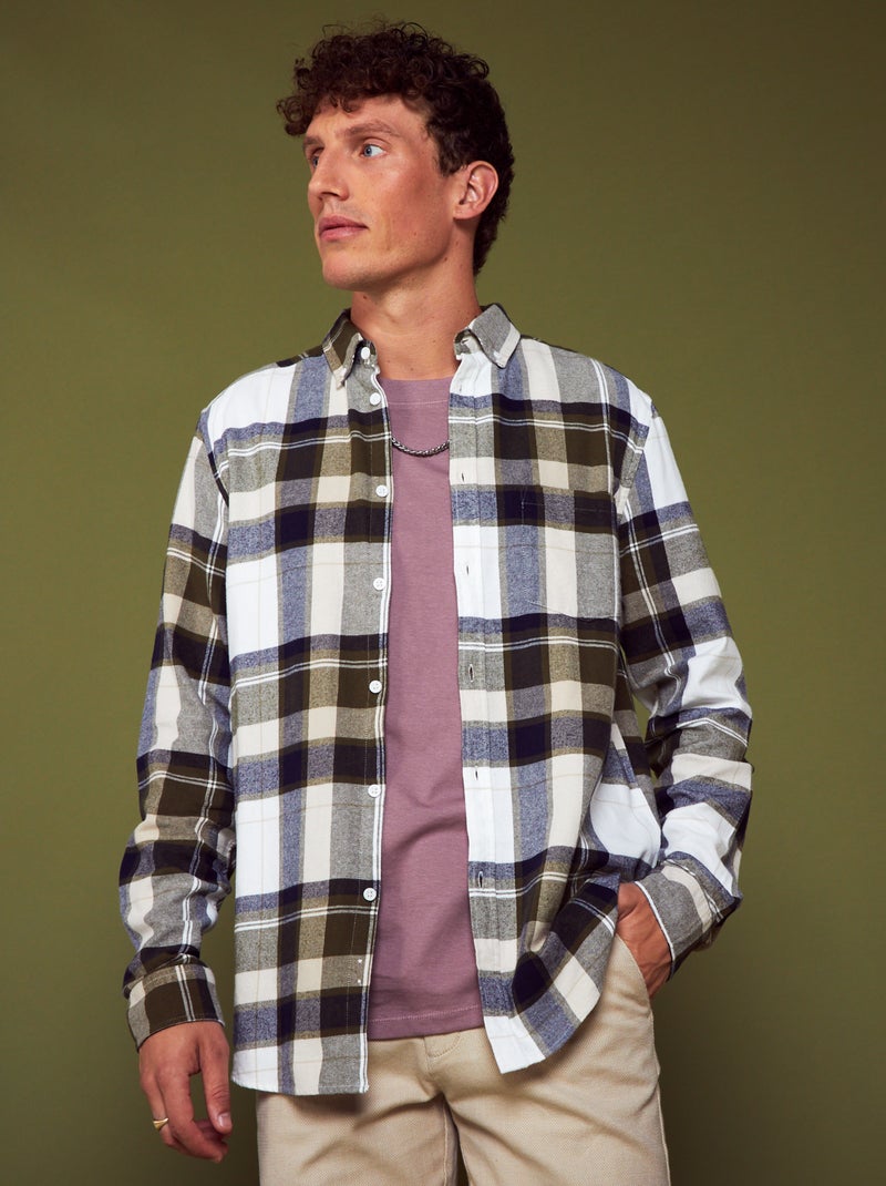 Camisa recta de franela Blanco/verde/azul - Kiabi