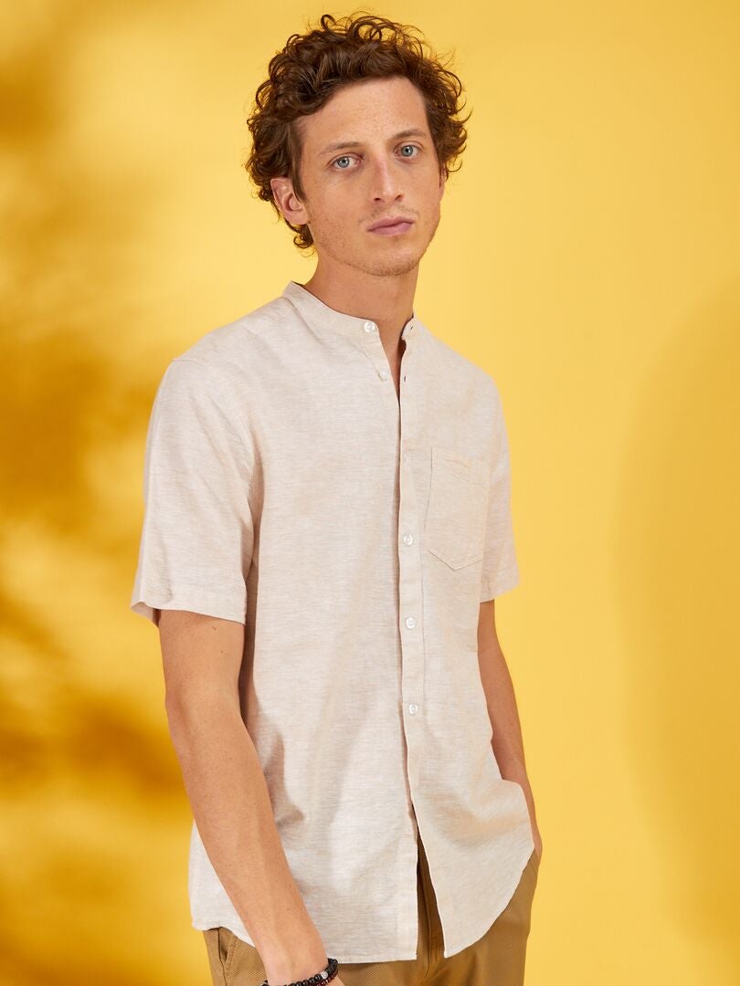Camisa regular de lino con cuello mao BEIGE - Kiabi