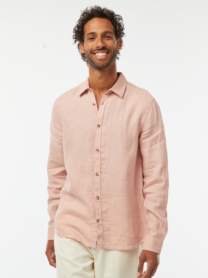 Camisa regular de lino rosa - Kiabi