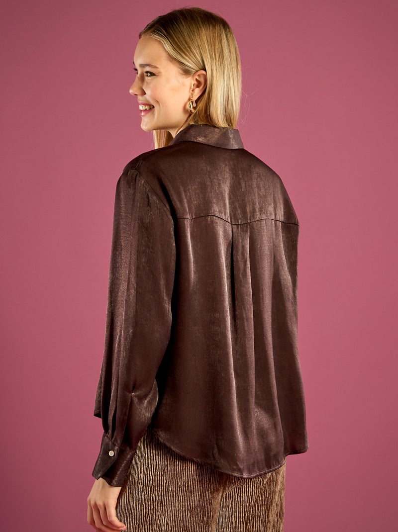 Camisa satinada corte midi lisa Marron - Kiabi
