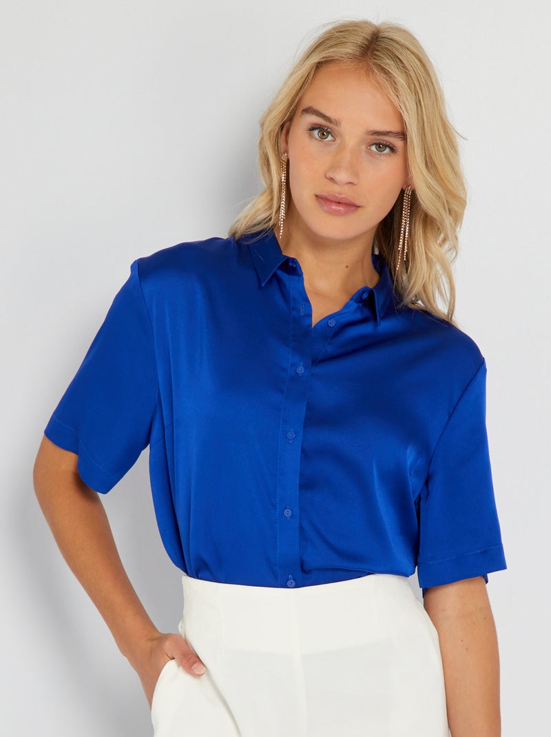 Camisa satinada de manga corta azul - Kiabi
