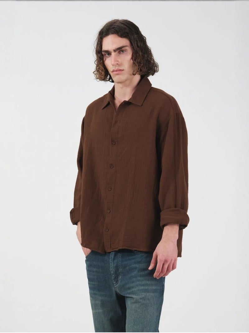 Camisa texturizada de tejido con manga larga y botones giesto Marrón - Kiabi