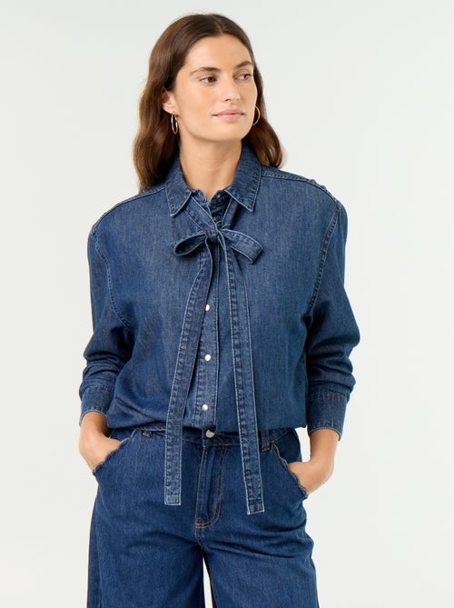 Camisa vaquera con cuello camisero con lazada - Kiabi Camisa vaquera con cuello camisero con lazada - Kiabi