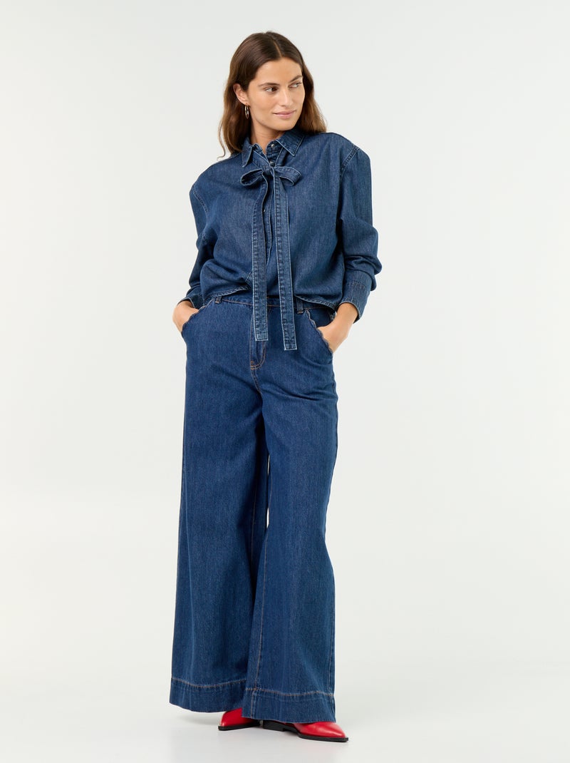 Camisa vaquera con cuello camisero con lazada Azul - Kiabi