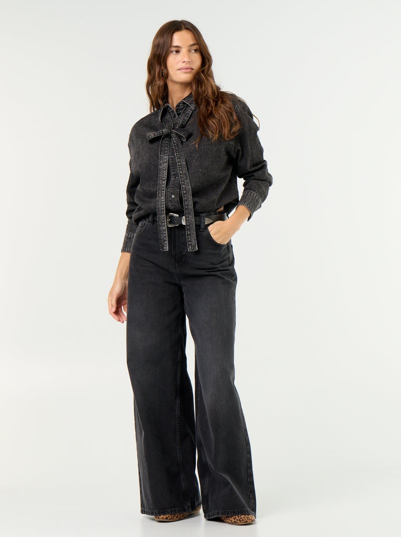 Camisa vaquera con cuello camisero con lazada Negro - Kiabi