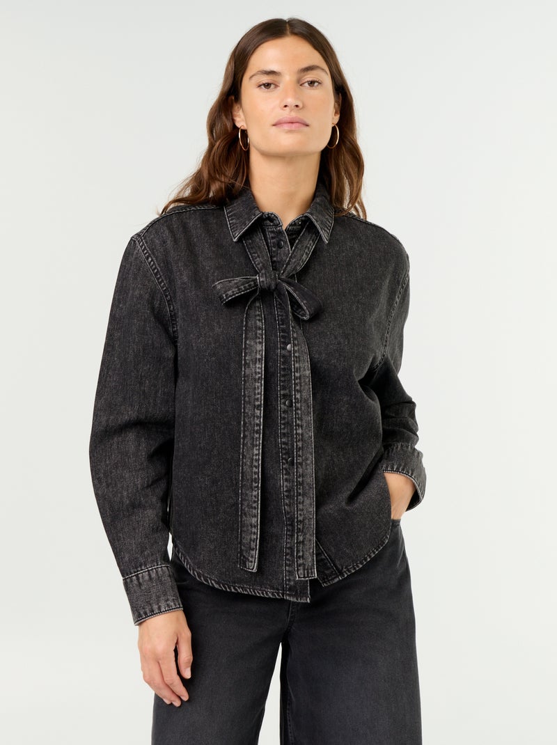 Camisa vaquera con cuello camisero con lazada Negro - Kiabi