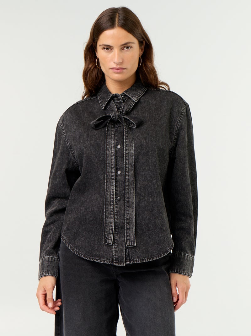 Camisa vaquera con cuello camisero con lazada Negro - Kiabi