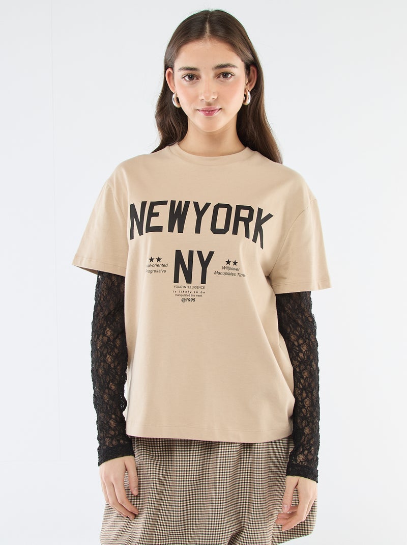 Camiseta 2 en 1 con encaje Beige - Kiabi