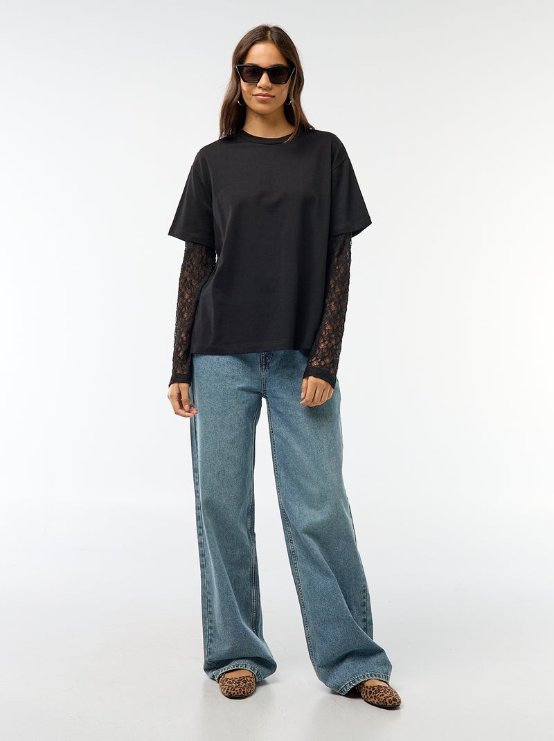 Camiseta 2 en 1 con mangas de encaje Negro - Kiabi