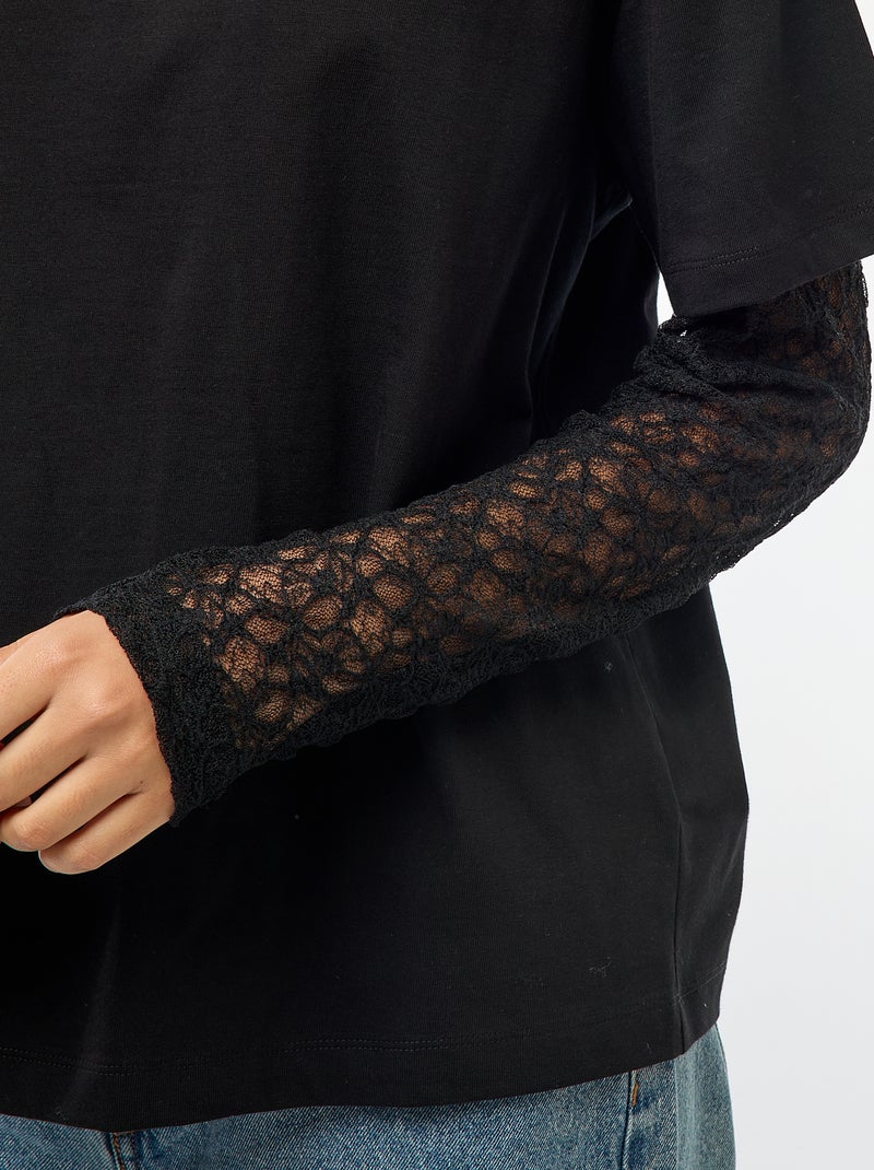 Camiseta 2 en 1 con mangas de encaje Negro - Kiabi