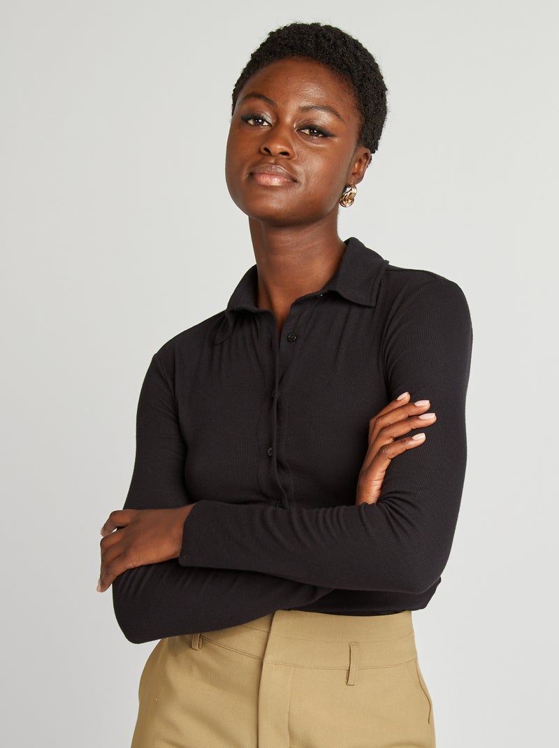 Camiseta abotonada con cuello de polo negro - Kiabi