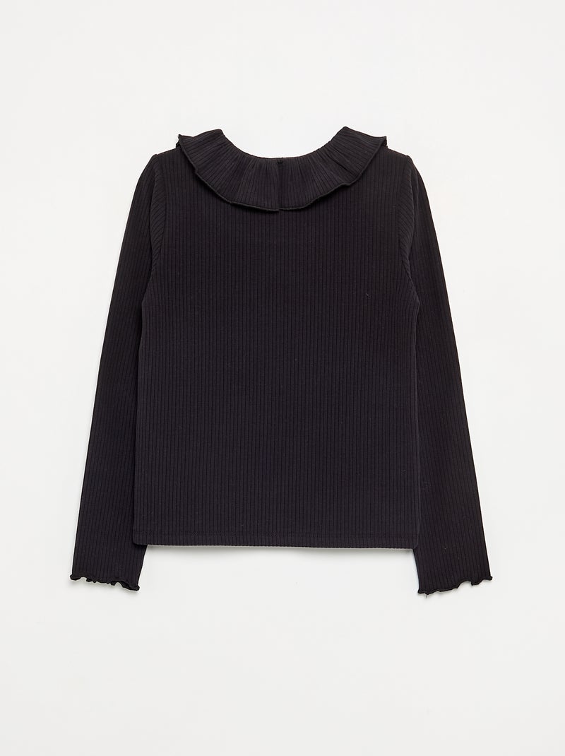 Camiseta acanalada con cuello volante Negro - Kiabi