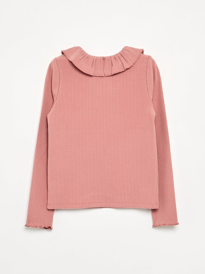 Camiseta acanalada con cuello volante Rosa - Kiabi