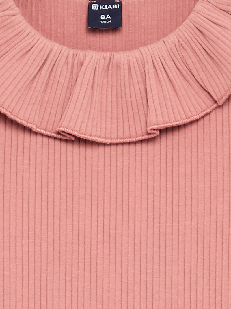 Camiseta acanalada con cuello volante Rosa - Kiabi
