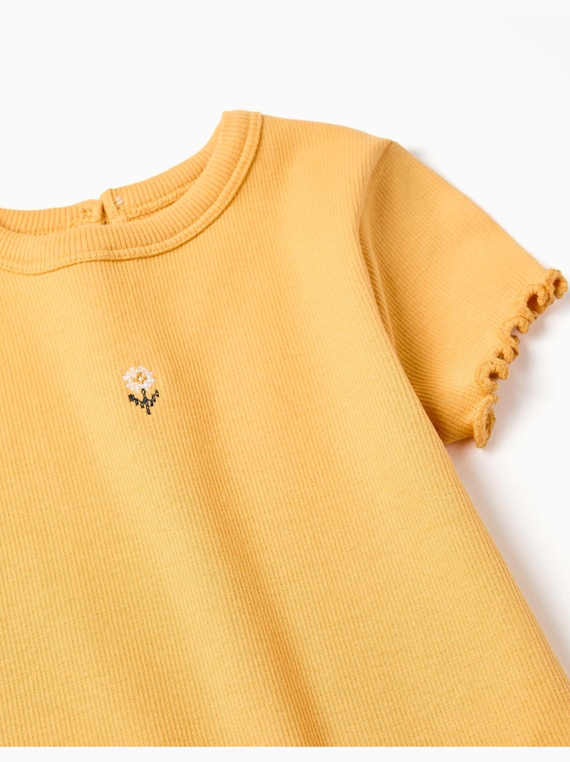 Camiseta acanalada con flor bordada Amarillo oscuro - Kiabi