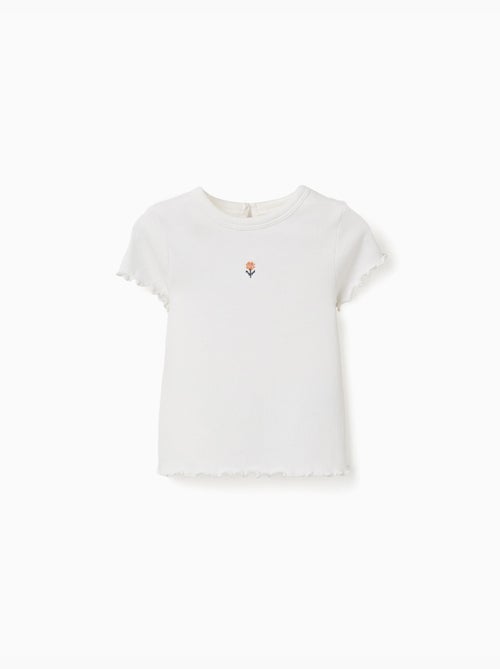 Camiseta acanalada con flor bordada - Kiabi