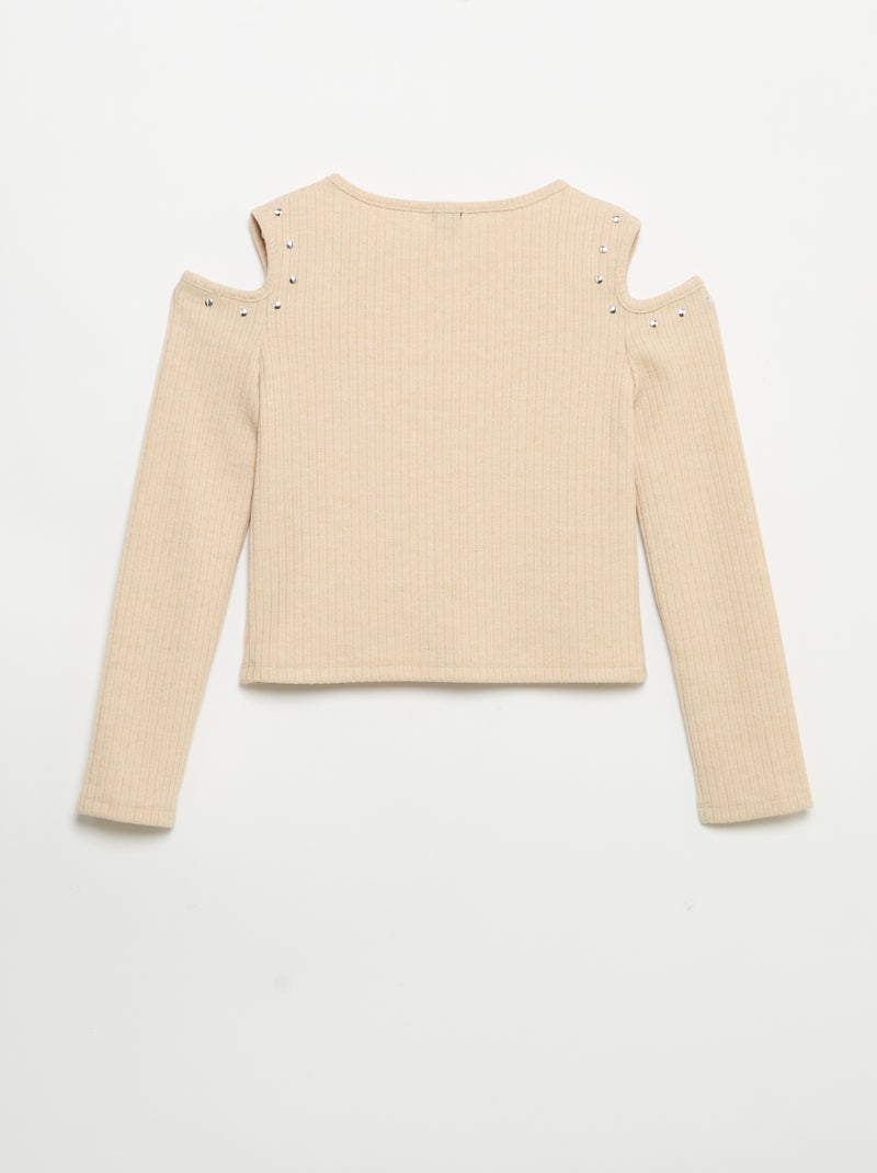 Camiseta acanalada con hombros descubiertos Beige - Kiabi