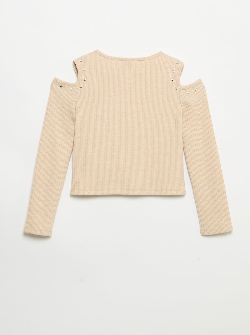 Camiseta acanalada con hombros descubiertos Beige - Kiabi