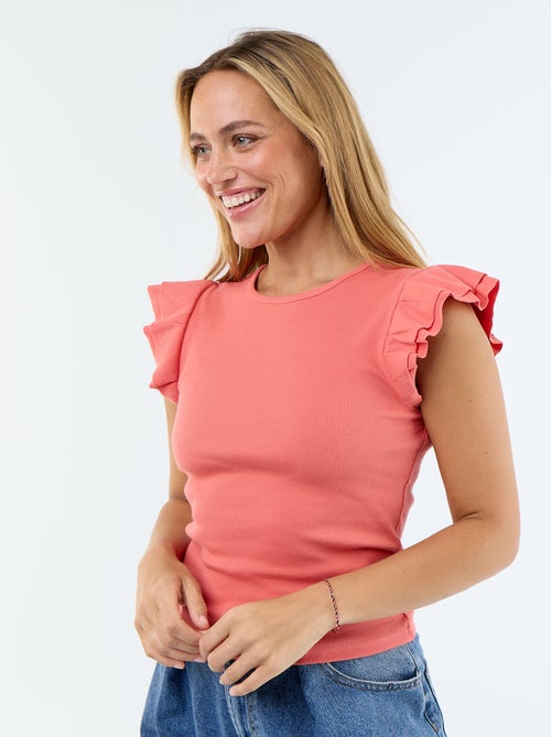 Camiseta acanalada con mangas de volantes - Kiabi