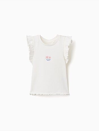 Camiseta acanalada de algodón con volantes y flores