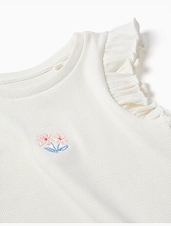 Camiseta acanalada de algodón con volantes y flores