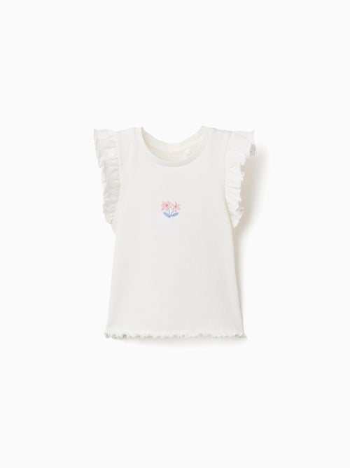 Camiseta acanalada de algodón con volantes y flores - Kiabi